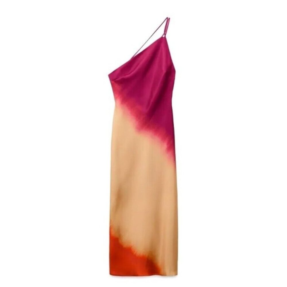 Zara Womens Tie Dye Dress S Asymmetric Multicolor One Shoulder Pink 8030/484 NWT